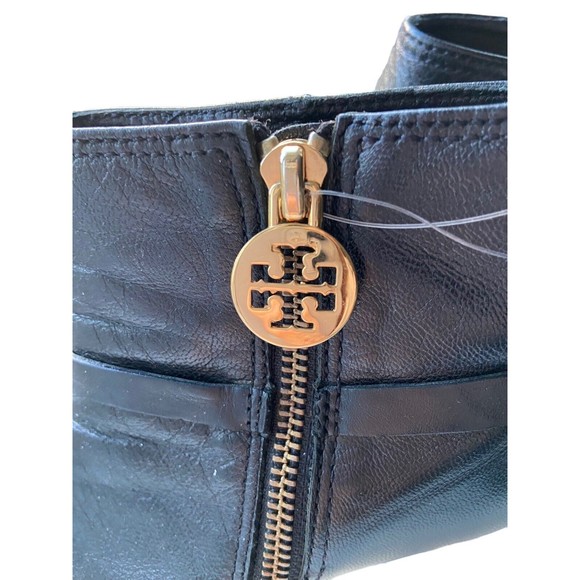 Tory Burch Women Whitney Leather Ankle Boots Size 6 Black Block Heel Gold Accent - Picture 7 of 12